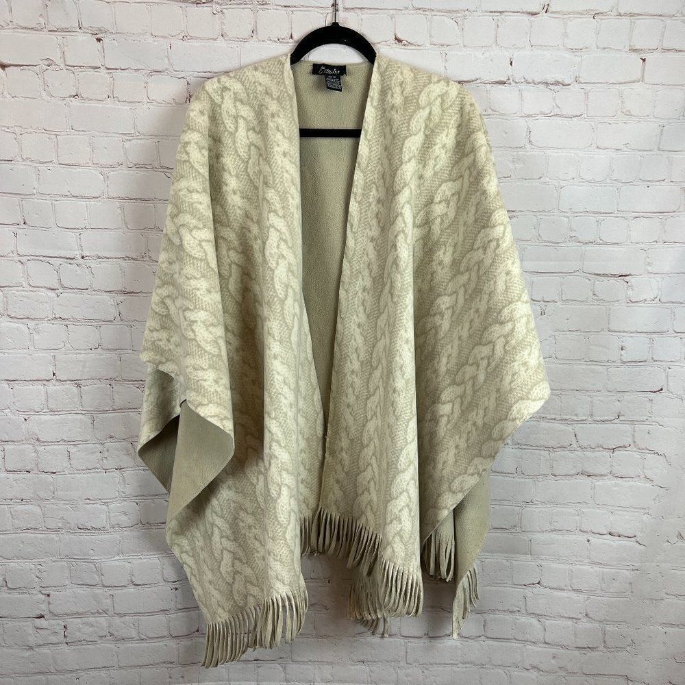 ESTUDIO beige soft warm fleece ruana cape poncho wrap fringe one size